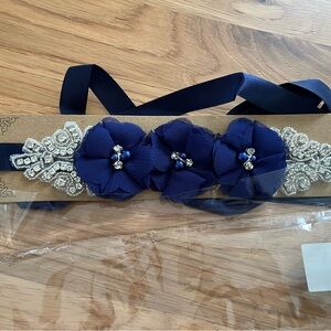 Elegant Navy Blue Floral Sash Belt